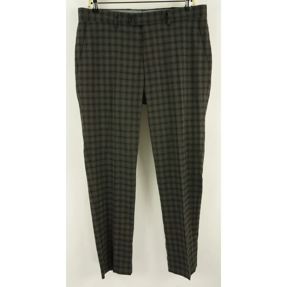 New Bar III Men's 30 x 24 Slim Gray Brown Plaid Performance Stretch Dress Pants